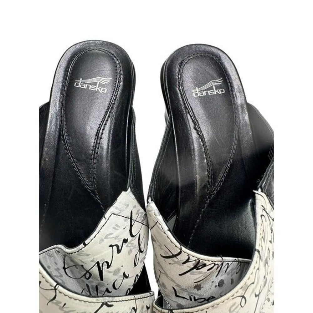Dansko Women Script Print Wedge Sandals Black White Leather Cross Strap Slide 40 - Picture 3 of 9